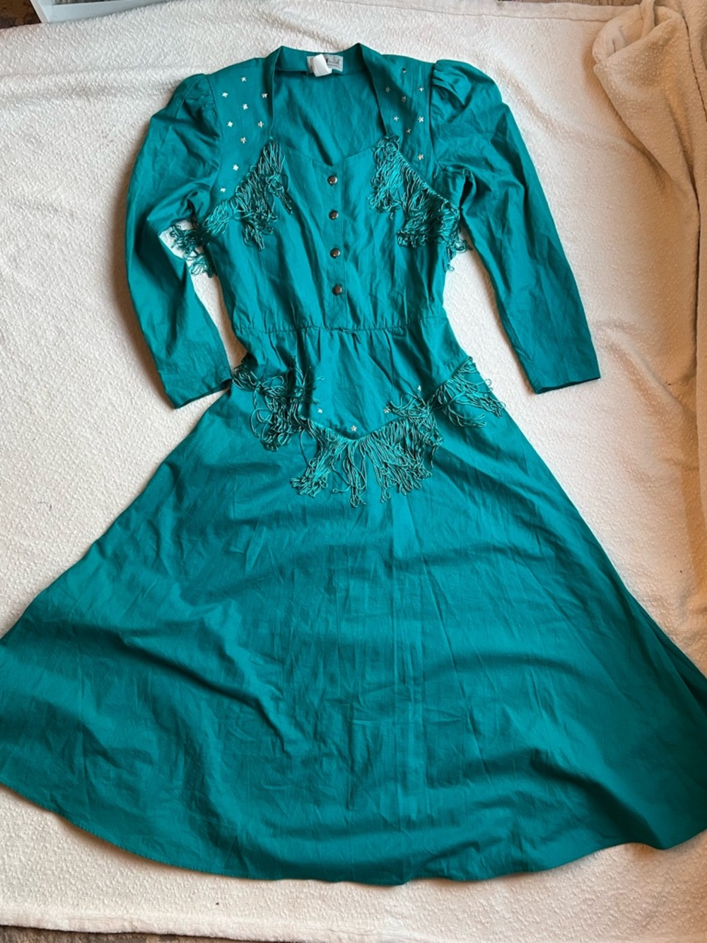 Vintage Lilia Smitty Western Teal Fringe Midi Dress